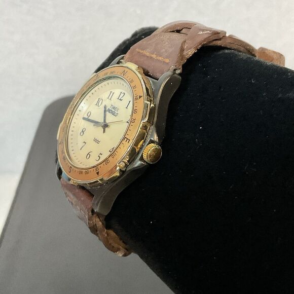 Vtg Timex Watch Men 38mm Indiglo Gold Tone Compass Bezel Leather New Battery - Picture 6 of 16